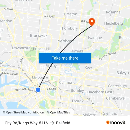City Rd/Kings Way #116 to Bellfield map