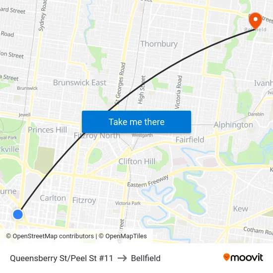 Queensberry St/Peel St #11 to Bellfield map