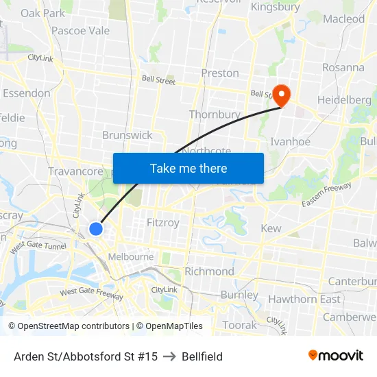 Arden St/Abbotsford St #15 to Bellfield map