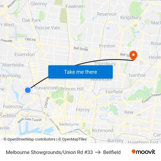 Melbourne Showgrounds/Union Rd #33 to Bellfield map