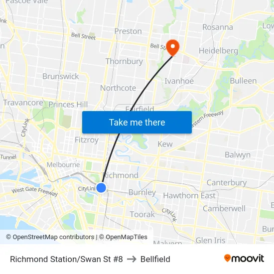 Richmond Station/Swan St #8 to Bellfield map