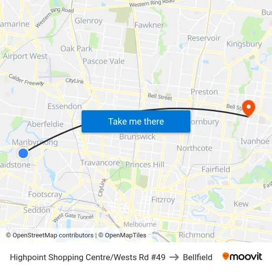 Highpoint Shopping Centre/Wests Rd #49 to Bellfield map