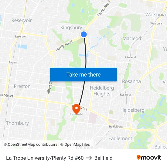 La Trobe University/Plenty Rd #60 to Bellfield map