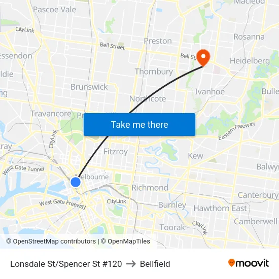 Lonsdale St/Spencer St #120 to Bellfield map