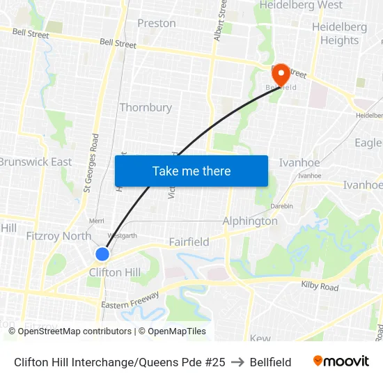 Clifton Hill Interchange/Queens Pde #25 to Bellfield map