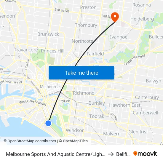 Melbourne Sports And Aquatic Centre/Light Rail #129 to Bellfield map