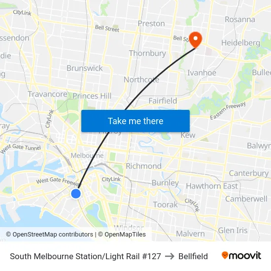 South Melbourne Station/Light Rail #127 to Bellfield map