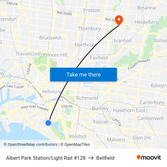 Albert Park Station/Light Rail #128 to Bellfield map