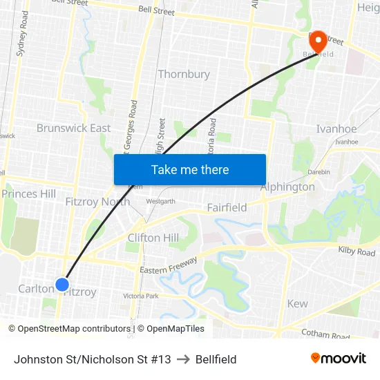 Johnston St/Nicholson St #13 to Bellfield map