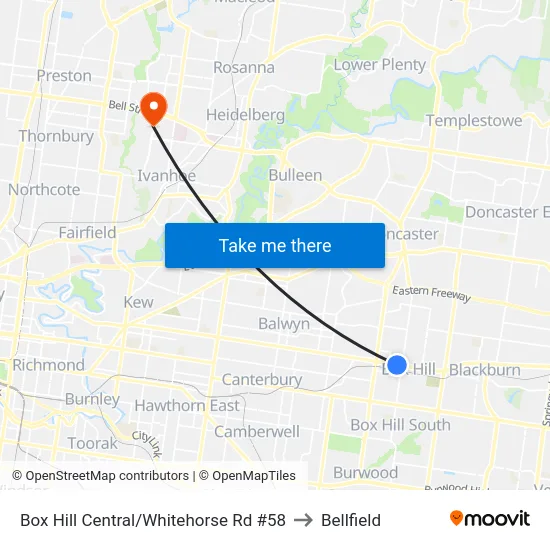 Box Hill Central/Whitehorse Rd #58 to Bellfield map