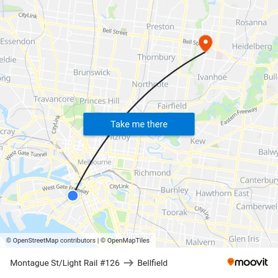 Montague St/Light Rail #126 to Bellfield map