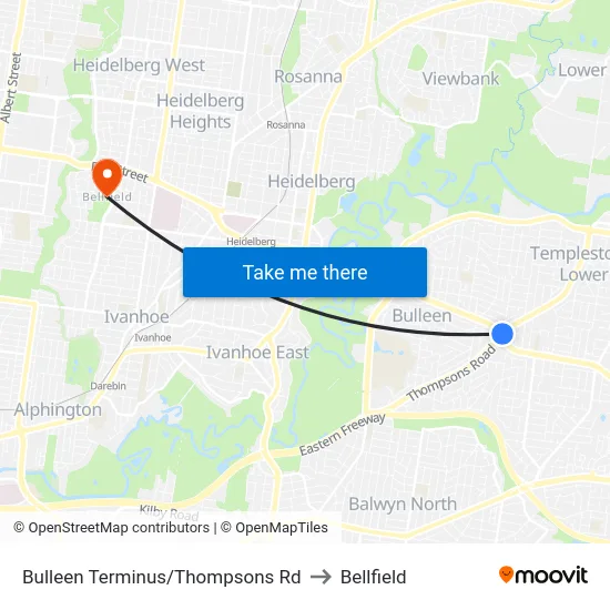 Bulleen Terminus/Thompsons Rd to Bellfield map