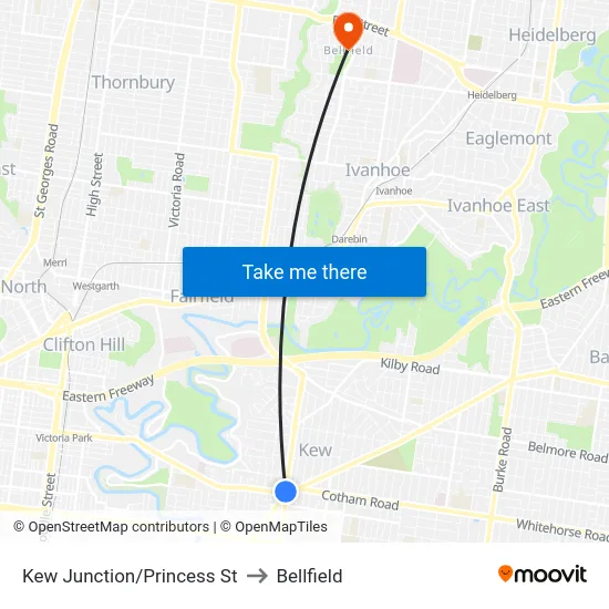 Kew Junction/Princess St to Bellfield map