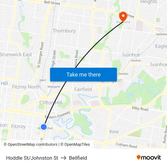 Hoddle St/Johnston St to Bellfield map