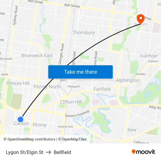 Lygon St/Elgin St to Bellfield map