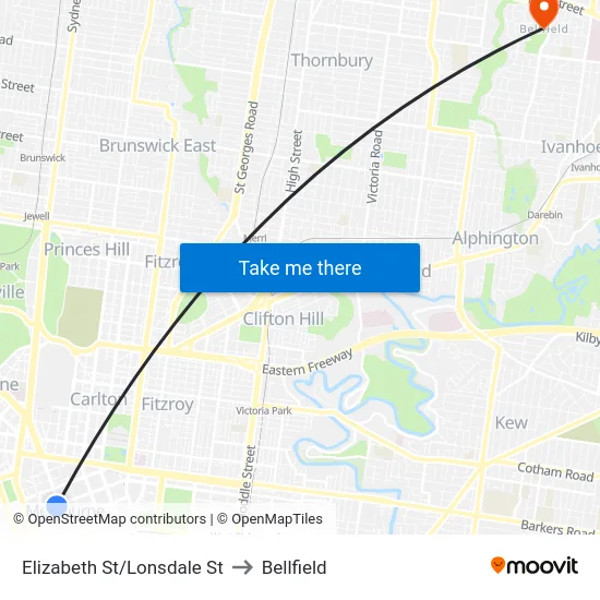 Elizabeth St/Lonsdale St to Bellfield map