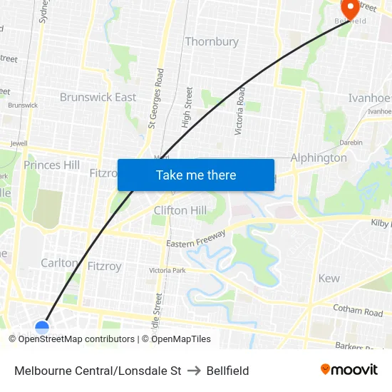 Melbourne Central/Lonsdale St to Bellfield map