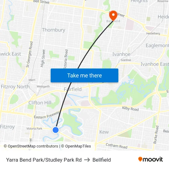 Yarra Bend Park/Studley Park Rd to Bellfield map