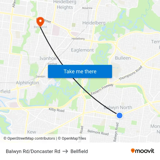 Balwyn Rd/Doncaster Rd to Bellfield map