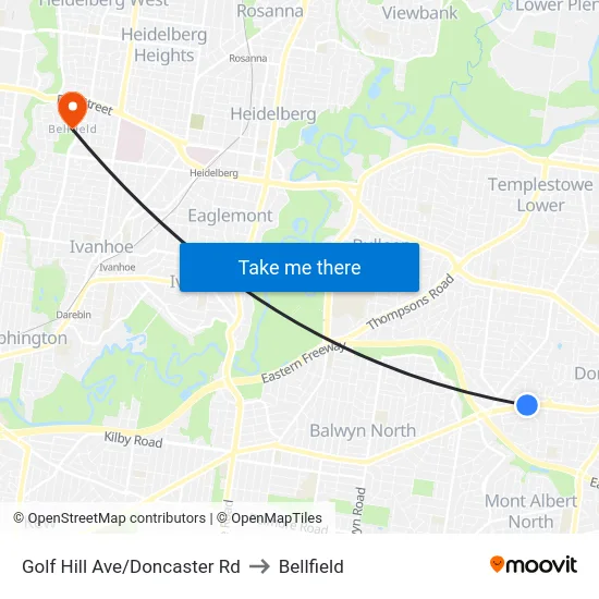 Golf Hill Ave/Doncaster Rd to Bellfield map