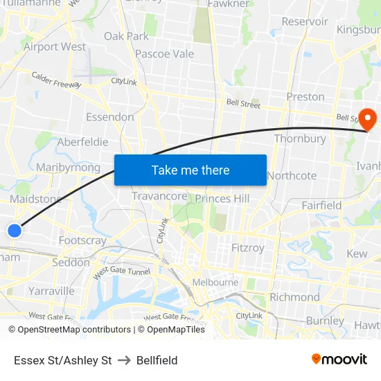 Essex St/Ashley St to Bellfield map