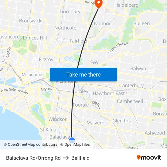Balaclava Rd/Orrong Rd to Bellfield map