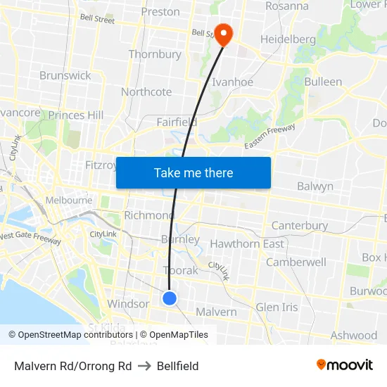 Malvern Rd/Orrong Rd to Bellfield map