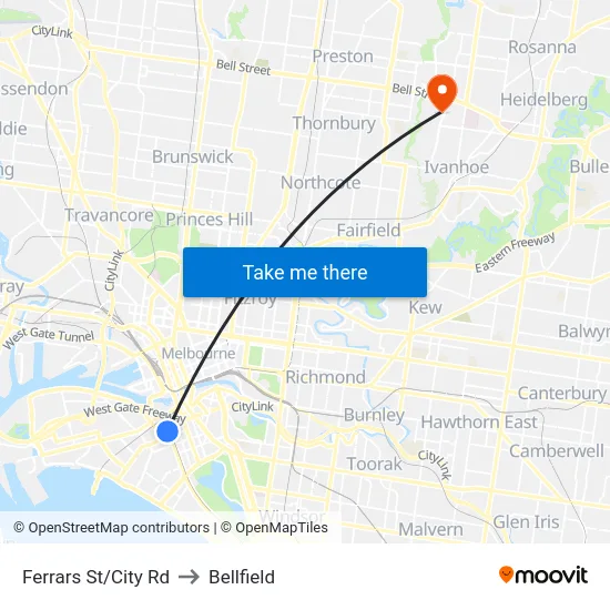 Ferrars St/City Rd to Bellfield map