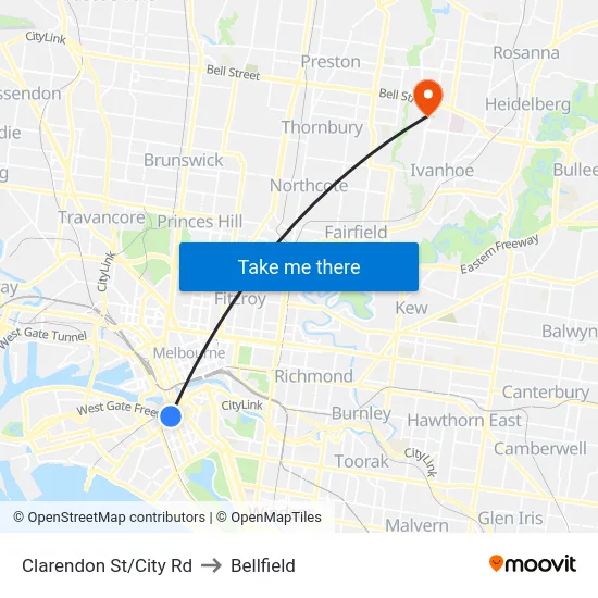 Clarendon St/City Rd to Bellfield map