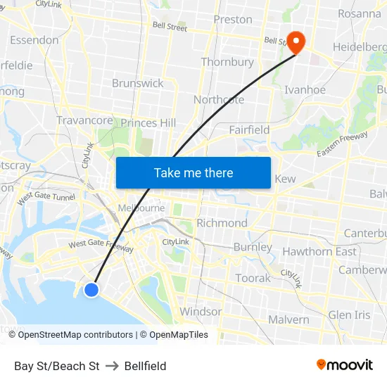 Bay St/Beach St to Bellfield map