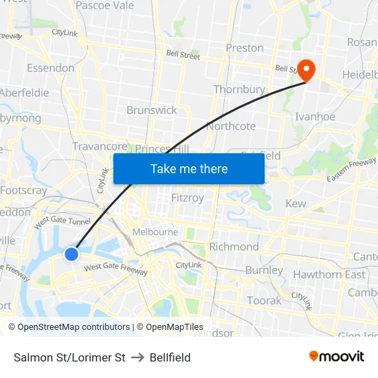 Salmon St/Lorimer St to Bellfield map