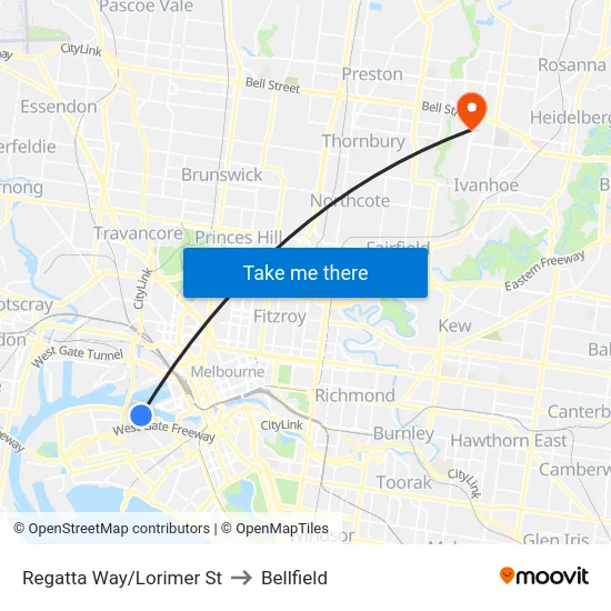 Regatta Way/Lorimer St to Bellfield map
