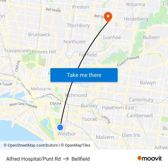 Alfred Hospital/Punt Rd to Bellfield map