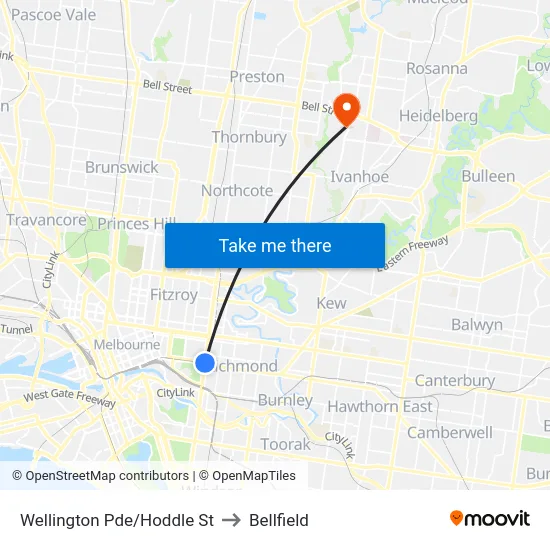 Wellington Pde/Hoddle St to Bellfield map