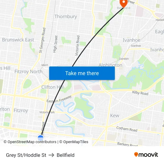 Grey St/Hoddle St to Bellfield map