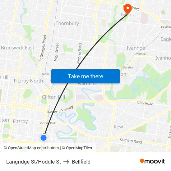 Langridge St/Hoddle St to Bellfield map