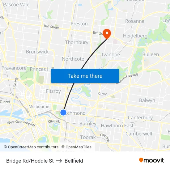 Bridge Rd/Hoddle St to Bellfield map