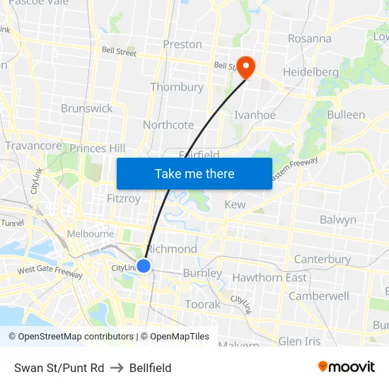 Swan St/Punt Rd to Bellfield map