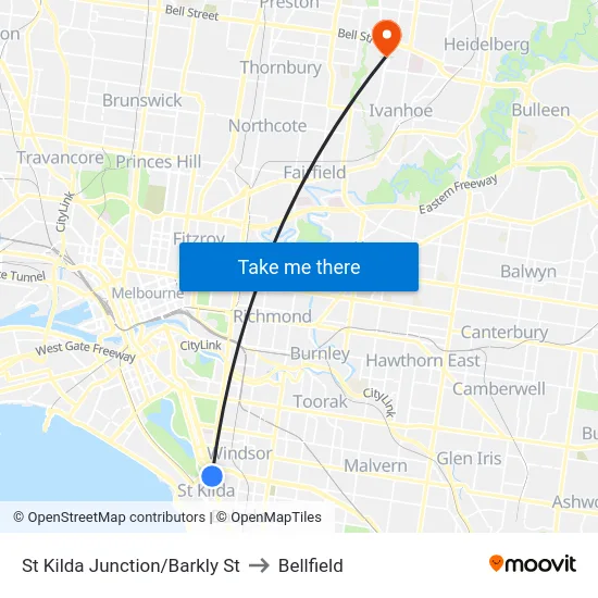 St Kilda Junction/Barkly St to Bellfield map