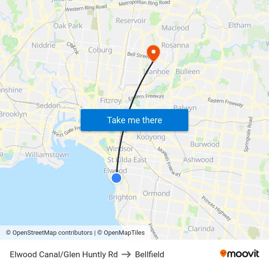 Elwood Canal/Glen Huntly Rd to Bellfield map