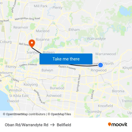 Oban Rd/Warrandyte Rd to Bellfield map