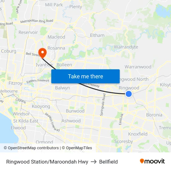 Ringwood Station/Maroondah Hwy to Bellfield map