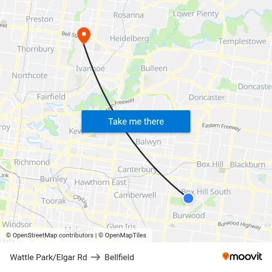 Wattle Park/Elgar Rd to Bellfield map