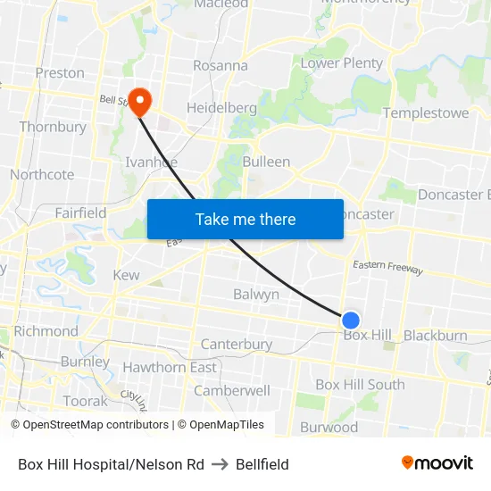 Box Hill Hospital/Nelson Rd to Bellfield map