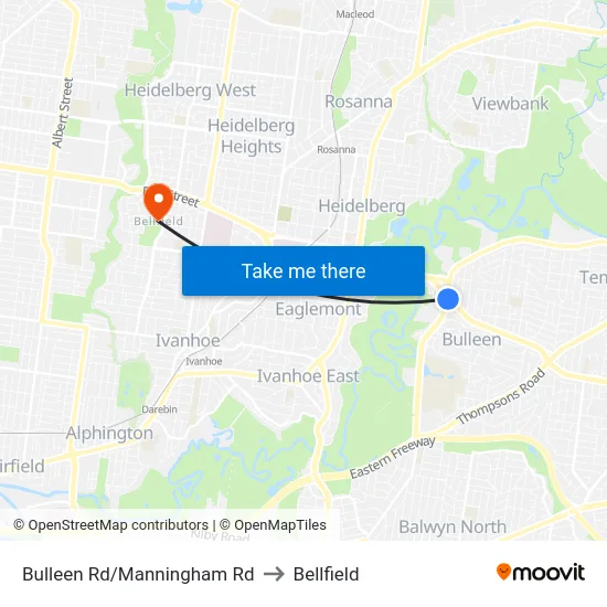 Bulleen Rd/Manningham Rd to Bellfield map