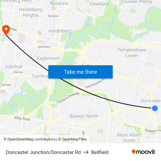 Doncaster Junction/Doncaster Rd to Bellfield map