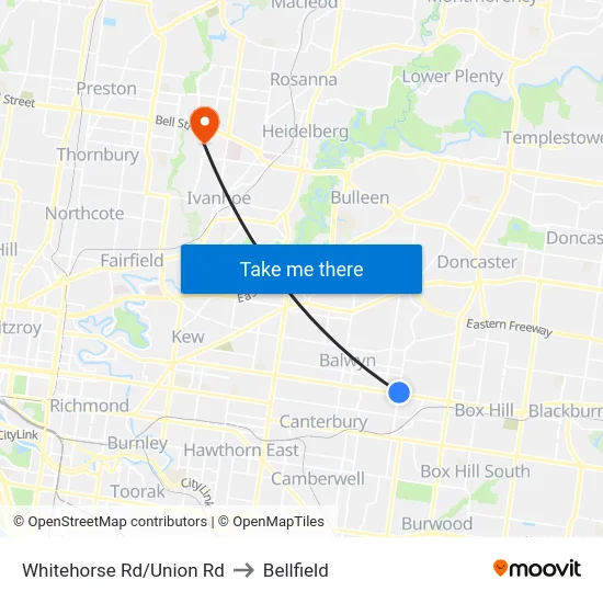 Whitehorse Rd/Union Rd to Bellfield map