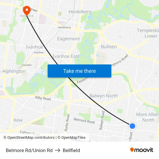 Belmore Rd/Union Rd to Bellfield map