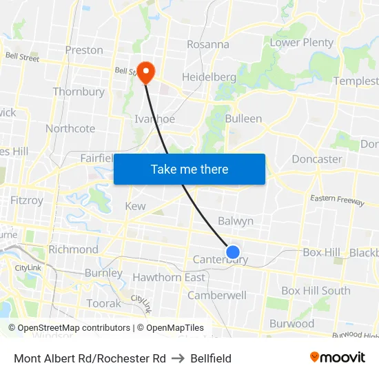 Mont Albert Rd/Rochester Rd to Bellfield map