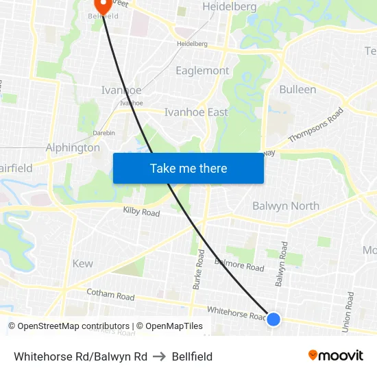 Whitehorse Rd/Balwyn Rd to Bellfield map